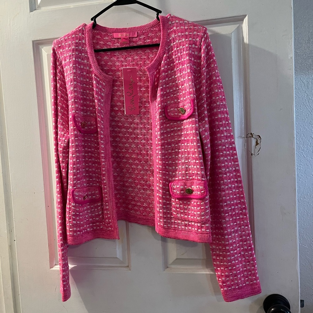 Lilly Pulitzer Pink and White Textured Knit Cardigan